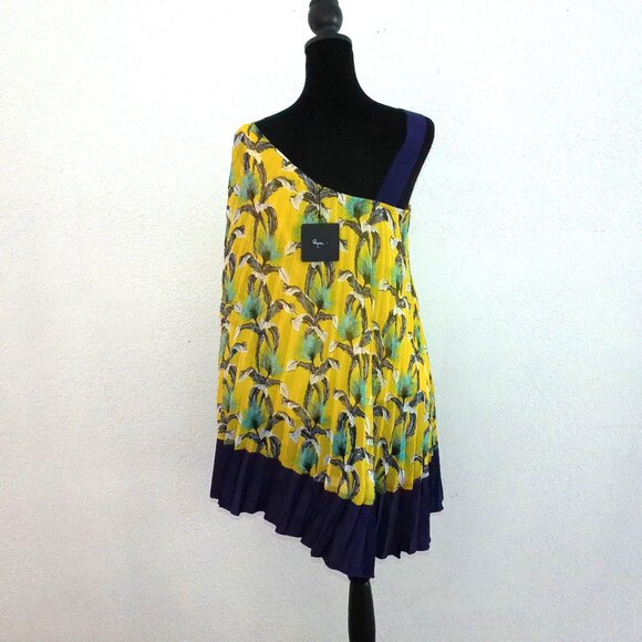 Ryu: Yellow/purple floral pleats one shoulder top, with double layers - Picture 7 of 12